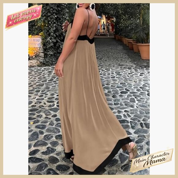 Elegant Maxi Sundress V-Neck Spaghetti Strap Flowy Party Beach Vacation Dress - Picture 3 of 7